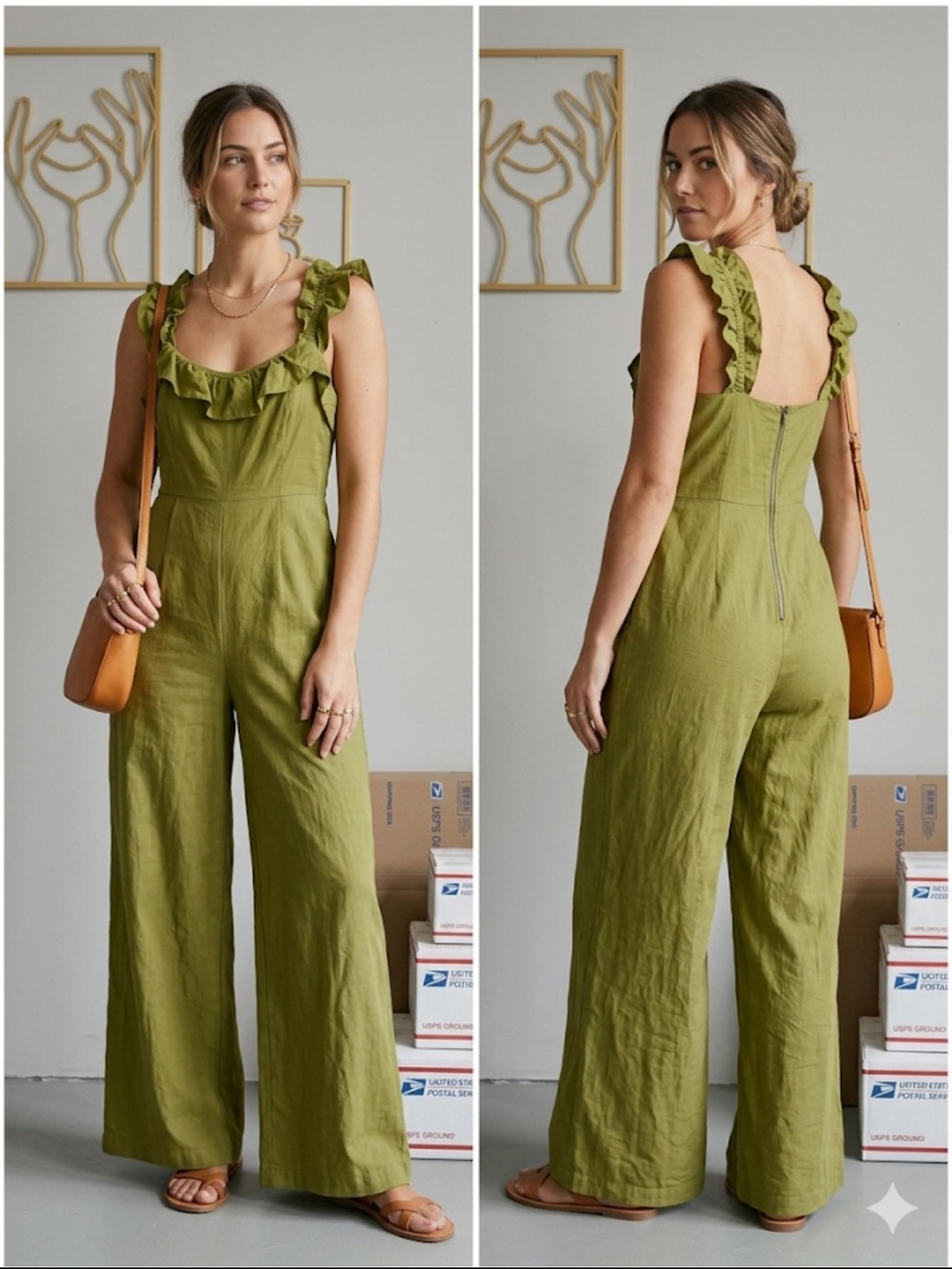 Japna Olive Ruffle-Strap Wide-Leg Jumpsuit